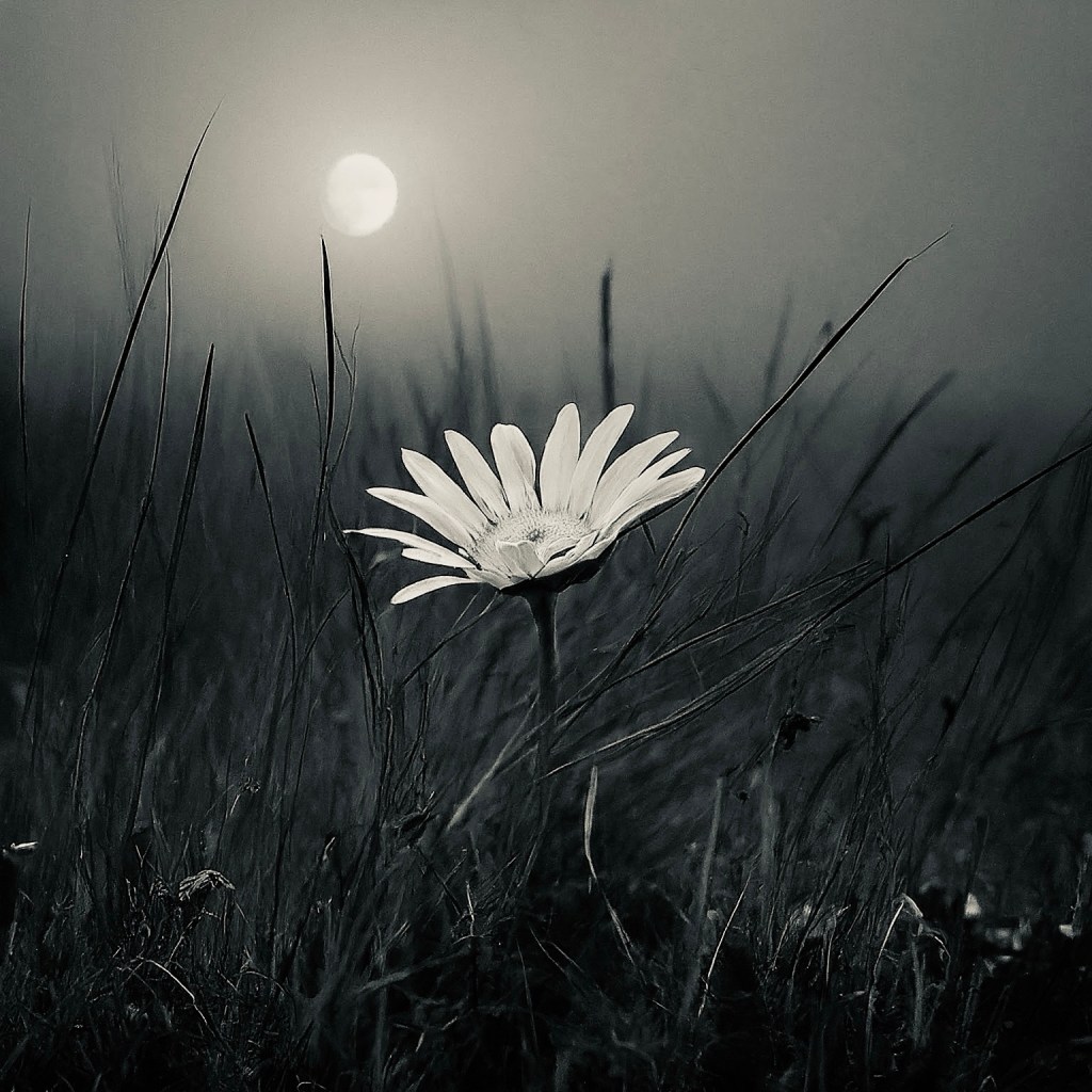 An AI generated image of a single Daisy in bloom in a moor with the sun in the background