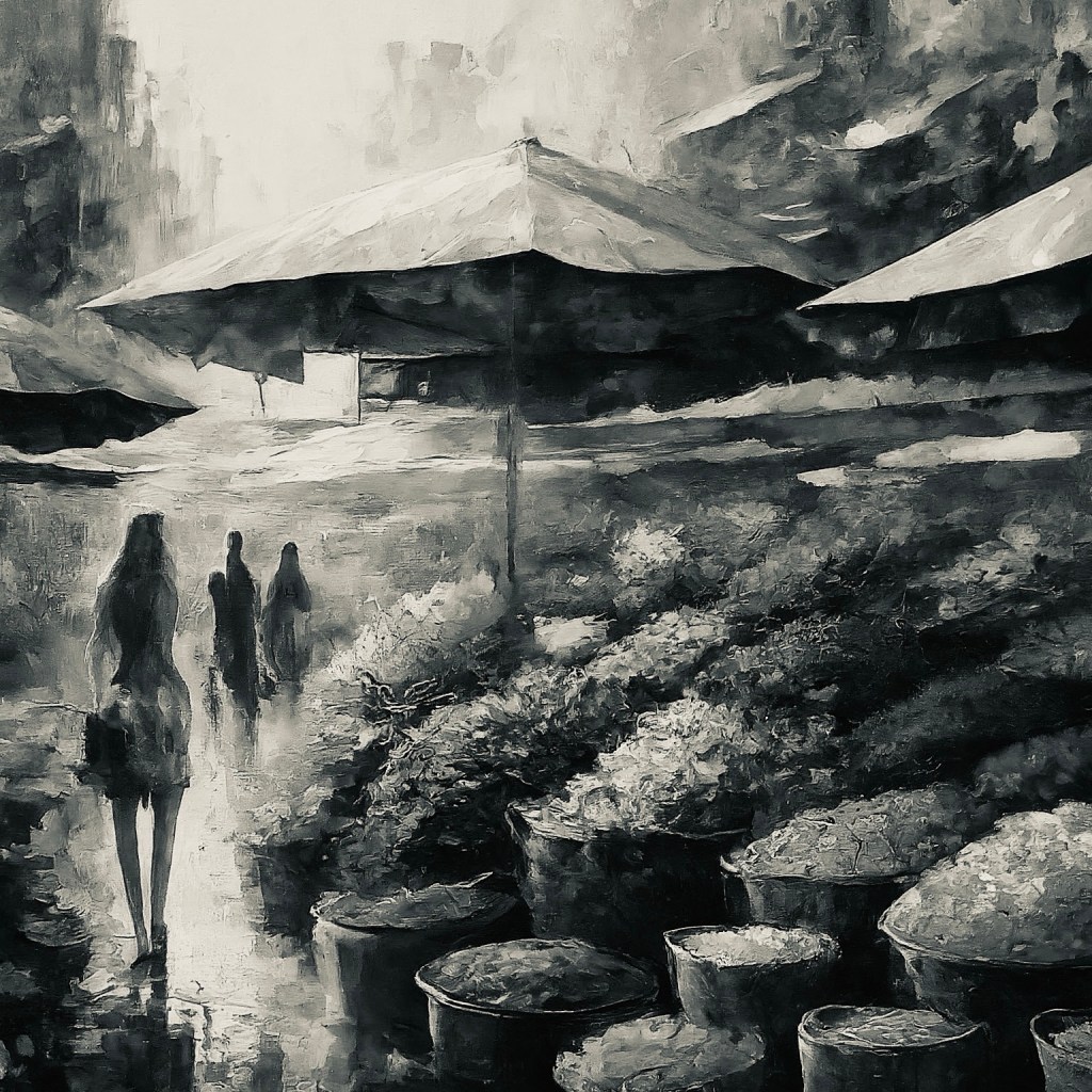 An AI generated image of a painting of a woman standing in a flower bazaar